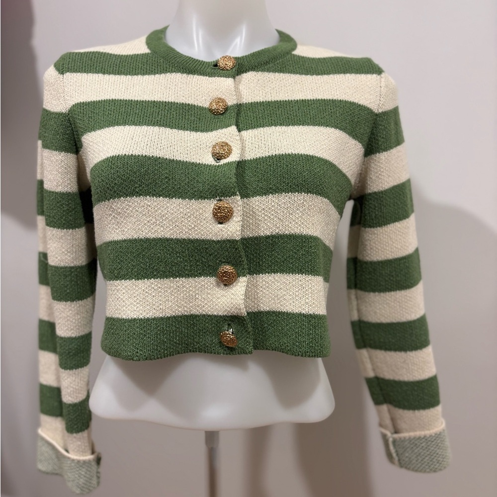 ZARA Green and Cream Striped Cardigan